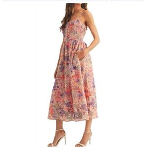 Just Me - Floral Print Smocked Bodice Midi Dress. Size Small